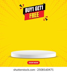 Comprar 1 obter 1 banner de mídia social grátis, Desconto oferece banner, Modelo de design de conceito moderno, banner oferta com fundo abstrato amarelo, ilustração Vetor.
