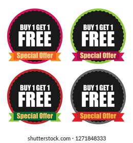 Buy 1 get 1 free special offer graphic label sticker or icon design for promotional campaign or business marketing material 
