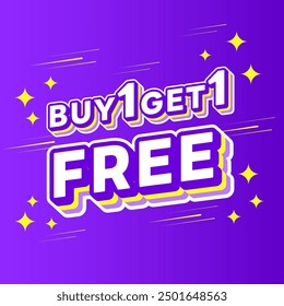 Buy 1 Get 1 Free Special offer. Promotion Discount banner. Banner design template for marketing. Special offer promotion or retail. Purple and Yellow typography 3D Text minimal on Purple Background