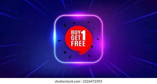 Buy 1 Get 1 Free sticker. Neon light frame offer banner. Discount banner tag. Coupon icon. Get free promo event flyer, poster. Sunburst neon coupon. Flash special deal. Vector