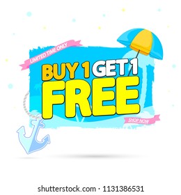 Buy 1 Get 1 Free, Summer Sale tag, discount banner design template, app icon, vector illustration