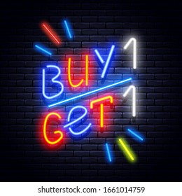 Buy 1, get 1 neon sale banner on brick wall. Vector illustration.