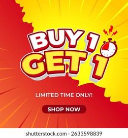 Buy 1 get 1 sale banner template promoting a limited-time offer with a ticking stopwatch