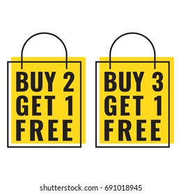 Buy 2 or 3 get 1 free. Bag icons. Vector illustration on white background. Business concept.