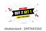 Buy 2 Get 1 Free This Weekend! Shop Now with vibrant white background, dynamic red gradient, and bold yellow black text elements for eye catching vector art promotion, business, price, marketing 