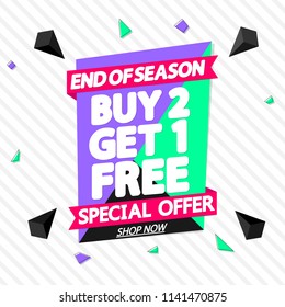 Buy 2 Get 1 Free, sale tag, discount banner design template, end of season, app icon, special offer, vector illustration