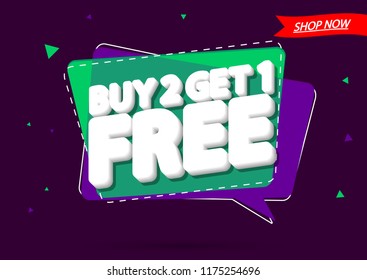 Buy 2 Get 1 Free, sale banner design template, speech bubble discount tag, special offer, vector illustration