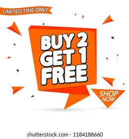 Buy 2 Get 1 Free, sale banner design template, speech bubble discount tag, vector illustration