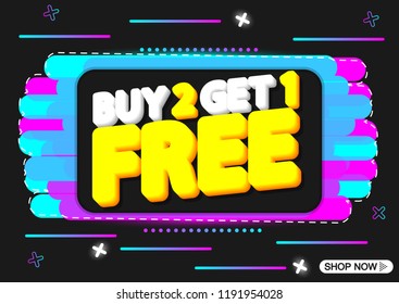 Buy 2 Get 1 Free, Sale banner design template, discount tag, app icon, vector illustration