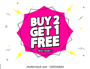 Buy 2 Get 1 Free, sale banner design template, geometric tag, flash discount, app icon, vector illustration