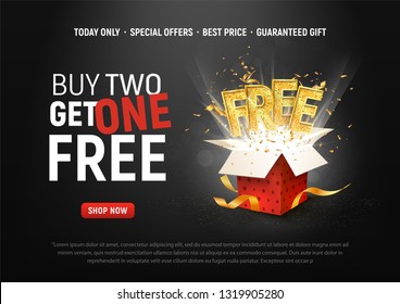 Buy 2 get 1 free vector illustration. Ad Special offer super sale red gift box on dark background