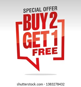 Buy 2 get 1 free in brackets speech red white isolated sticker icon