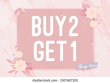 Buy 2 Get 1 free Sale banner template. Pastel pink color design background. Vector illustration