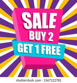 Buy 2 Get 1 Free Sale Banner Design Template. Discount Tag Vector