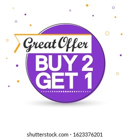 Buy 2 Get 1 Free, great offer, Sale banner design template, discount tag, app icon, vector illustration