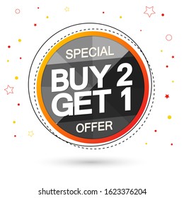 Buy 2 Get 1 Free, special offer, Sale banner design template, discount tag, app icon, vector illustration