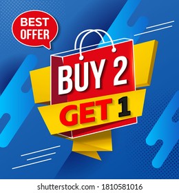 Buy 2 Get 1 Free. Sale of banners. Applies to selected items of equal or lesser value: poster, flyer, flyer, flyer badge, label or sticker on a blue background. Free item.
