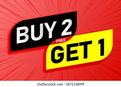 Buy 2 Get 1 Free, sale tag, banner design template, discount app icon. EPS 10.