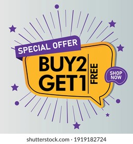 buy 2 get 1 free sale message concept illustration design graphic