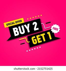 Buy 2 Get 1 Free, Banner Design. Sale Banners Design Template. Special Offer Buy 2 Get 1 Free. Flat Style Vector Illustration.