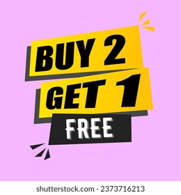 Buy 2 Get 1 Free Offer banner Vector illustration isolated on pink.