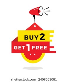 Buy 2, get 1 free banner for Special offer design with megaphone. store badge. vector template.