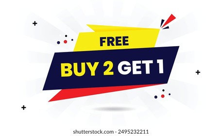 Buy 2 Get 1 Free banner template with white background, dark blue gradient, and shiny red and light yellow shapes for eye catching promotions and sales sale, price, discount, design, illustration, off