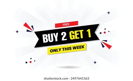 Buy 2 Get 1 Free This Weekend! Shop Now with vibrant white background, dynamic red gradient, and bold yellow black text elements for eye catching vector art promotion, business, price, marketing 