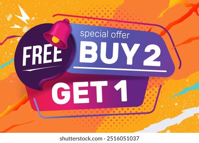 Buy 2 get 1 free badge. Promotion Sale Discount banner. Modern sales concept design. Banner with offer badge, perfect for highlighting special offers. Vector illustration.