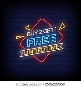 buy 2 get 1 free neon sign vector with brick wall background