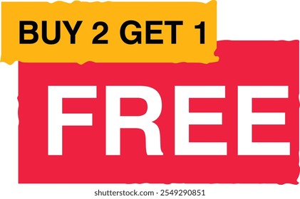 Buy 2 Get 1 Free, sale tag, poster design template, discount isolated sticker, vector.