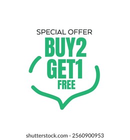 Buy 2 get 1 free in brackets speech green white isolated sticker icon