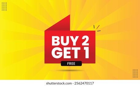 Buy 2 Get 1 Free editable sticker icon label EPS format template design with black-red gradient shapes, yellow bold font, and a yellow-orange abstract hot background for eye-catching promotions