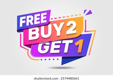 Buy 2 get 1 free badge. Banner with offer badge. Modern sales concept design. 