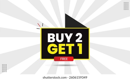 Buy 2 get 1 free editable sticker icon label eps format template design with black red yellow shapes white yellow bold font white gray gradient abstract hot background illustration