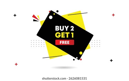 Buy 2 Get 1 Free web banner icon editable vector illustration template with black yellow shapes red yellow elements abstract background light gray modern sale design promotional graphic layout