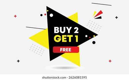 Buy 2 Get 1 Free editable web banner template vector illustration icon design black yellow red gradient shapes light gray background business promotion abstract elements modern advertising layout