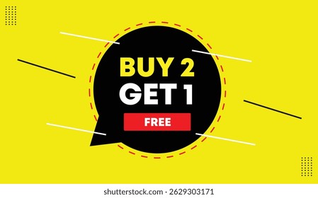 Buy 2 get 1 free editable vector illustration banner template icon design black red white shapes yellow business abstract background modern sale ad graphic commercial marketing promotion layout