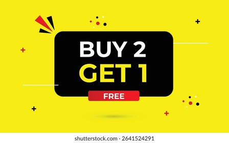 Buy 2 get 1 free editable vector art illustration web banner template design with black red gradient shapes and yellow abstract background perfect for ads marketing promotions and social media