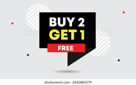 Buy 2 get 1 free editable web banner vector art illustration design with black red shapes on white abstract background perfect for ads promotions social media posts eye catching modern creative templa
