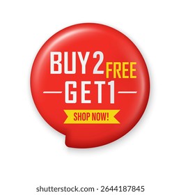 Buy 2 get 1 Free tags sale, 3D red promotion discount sticker label design for advertising. Special offer promotion or retail. Get free promo event banner. Trendy and modern vector in 3d style.