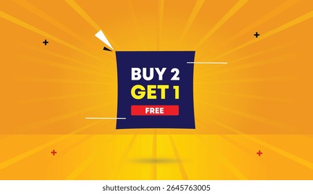Buy 2 Get 1 Free editable web banner vector art template design with dark blue red shapes elements icon label badge business yellow orange abstract sunshine background for promotion and marketing