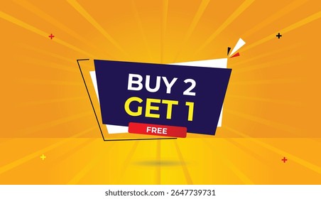 Buy 2 Get 1 Free editable web banner icon badge template design vector art illustration with dark blue white red gradient shapes orange yellow sun shine abstract background unique sale graphic