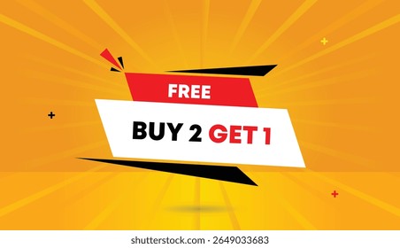 Buy 2 get 1 free editable web banner vector art illustration perfect for web banner template icon badge design featuring red white black shapes with orange yellow abstract sunshine background