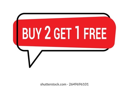 Buy, 2 to get 1 free offer label. Discount tag for special sale. Buy two get one free offer sale, banner vector design.
