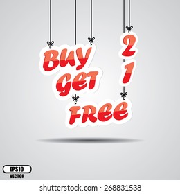 Buy 2 Get 1 Free, Promotional Sale Sign Hanging On Gray Background - EPS.10 Vector.