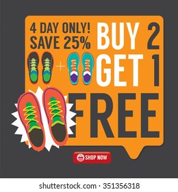 Buy 2 Get 1 Free Sneakers Promotion Campaign Vector Illustration