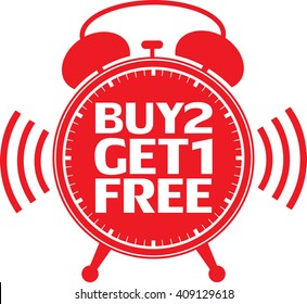Buy 2 get 1 free red alarm clock, vector illustration