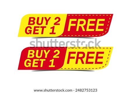 Buy 2 get 1 free badge. Promotion Sale Discount banner. Coupon icon. Modern sales concept design. Banner with offer badge. Vector illustration.