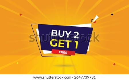Buy 2 Get 1 Free editable web banner icon badge template design vector art illustration with dark blue white red gradient shapes orange yellow sun shine abstract background unique sale graphic